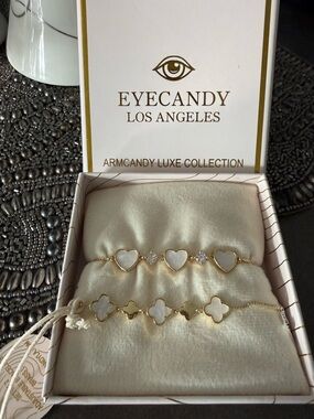 EyeCandy Los Angeles Gold & White Heart and Clover Bracelet Duo